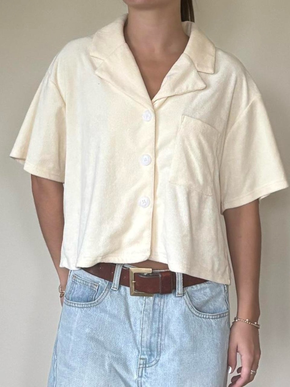 Cream Short-Sleeve Terrycloth Button Up